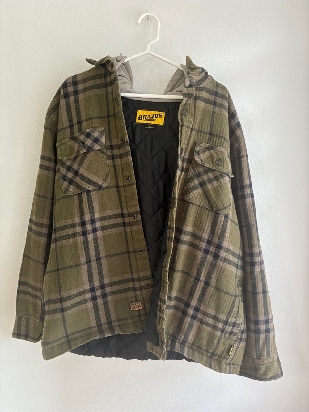 Brazos Olive Plaid Quilted Lightweight Hooded Shirt Jacket